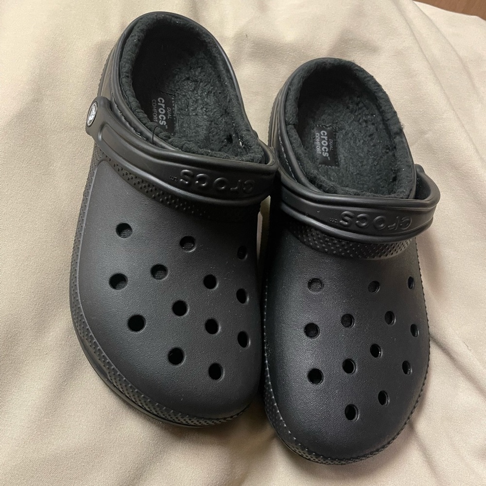 Fuzzy black crocs